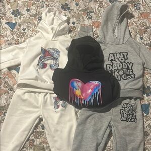 Kids Matching Graphic Hoodie and Pants Set - White, Black, Gray